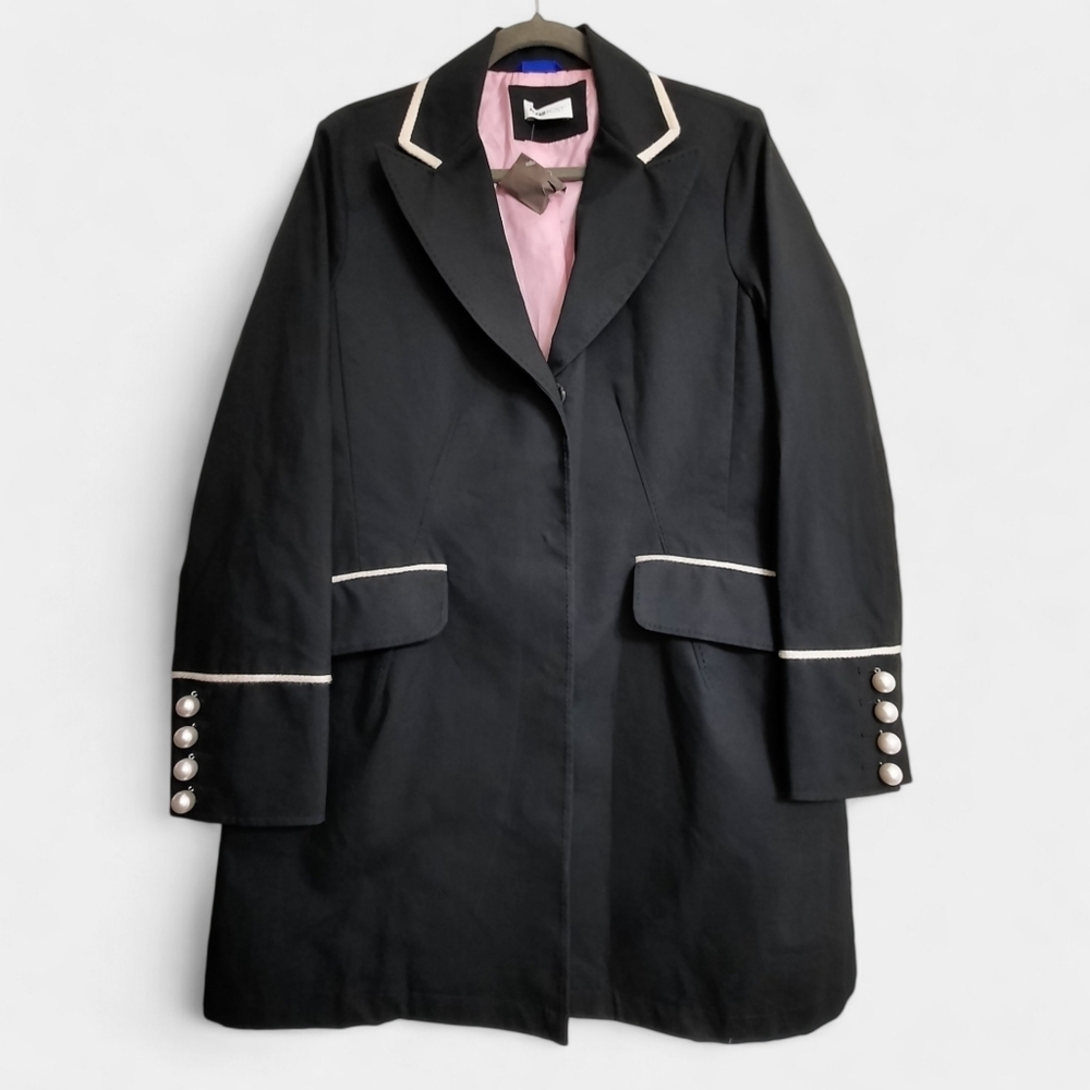 JANE POST Pearl Buttons Cotton Trench Black Belt White Pockets Coat Jacket L